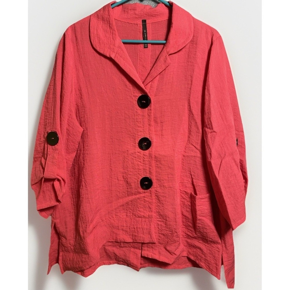 Lagenlook Wearable Art IC by Connie K Womens 3/4 Sleeve‎ Blouse L Coral Pink